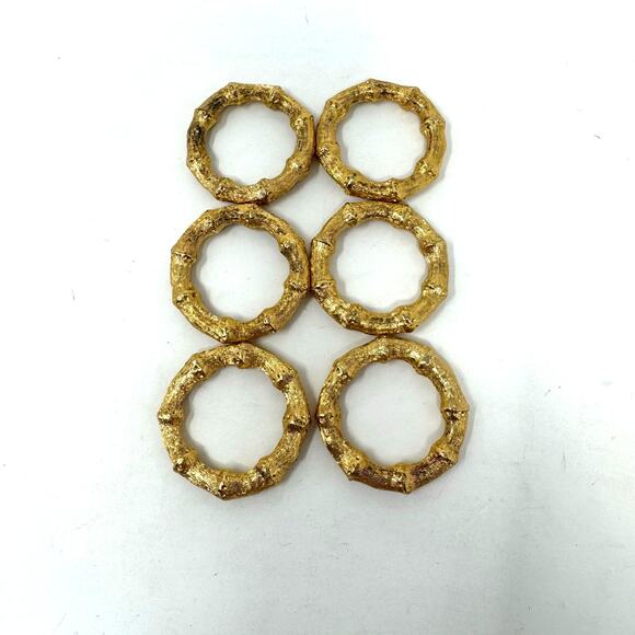 VTG MCM Hollywood Regency Gold Tone Bamboo Napkin Rings Set of 6 Heavy - Picture 1 of 4